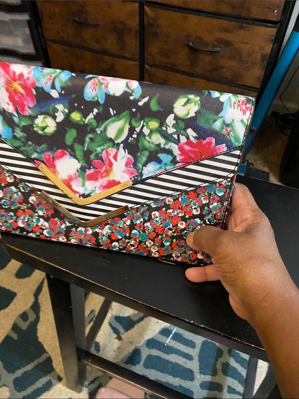 Aldo Floral & Stripe Envelope Clutch - Black, Pink, Green, Red